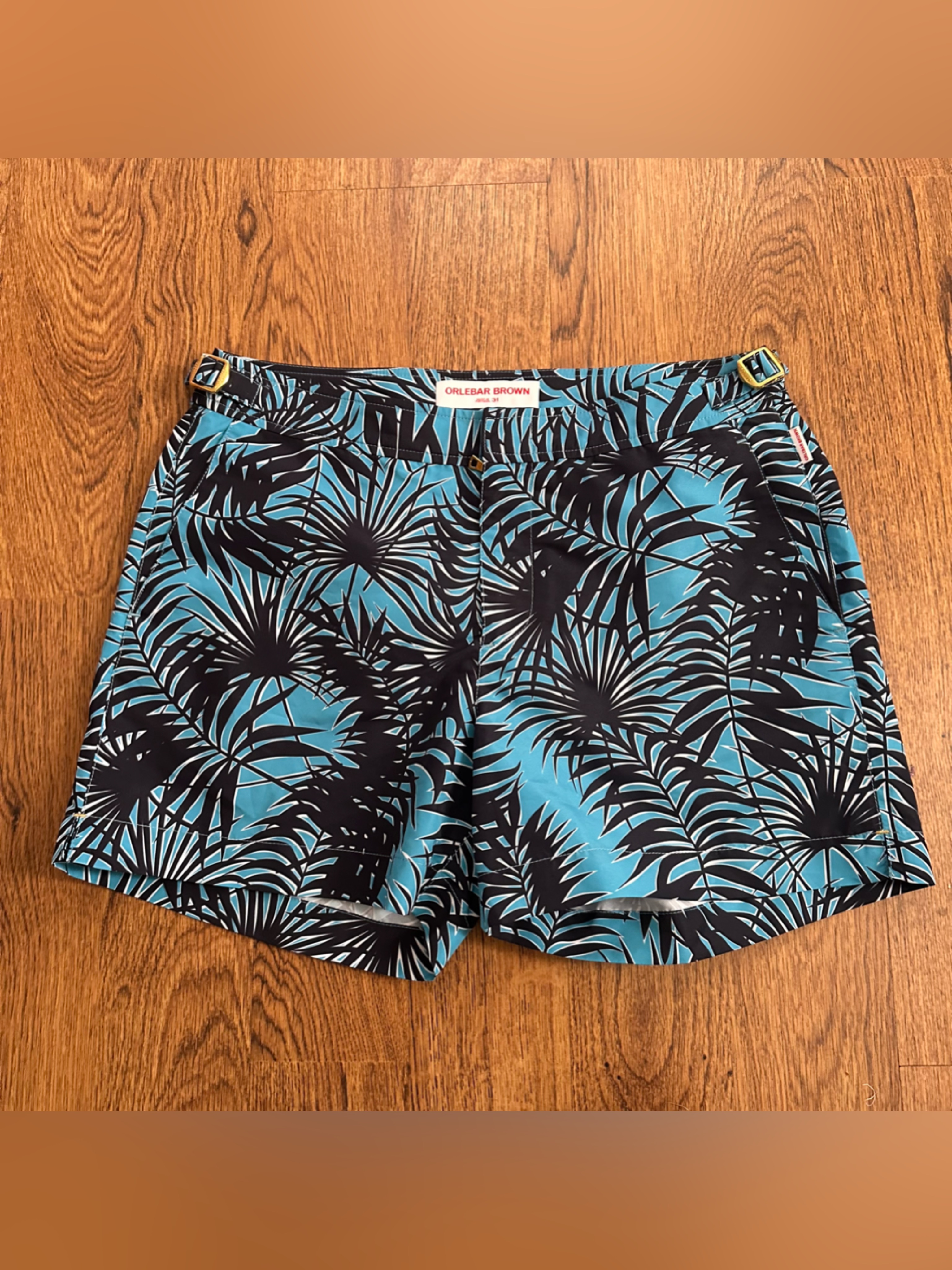 Orlebar Brown Tropical Palm Print Shorts Teal Black Size 31 Setter Summer